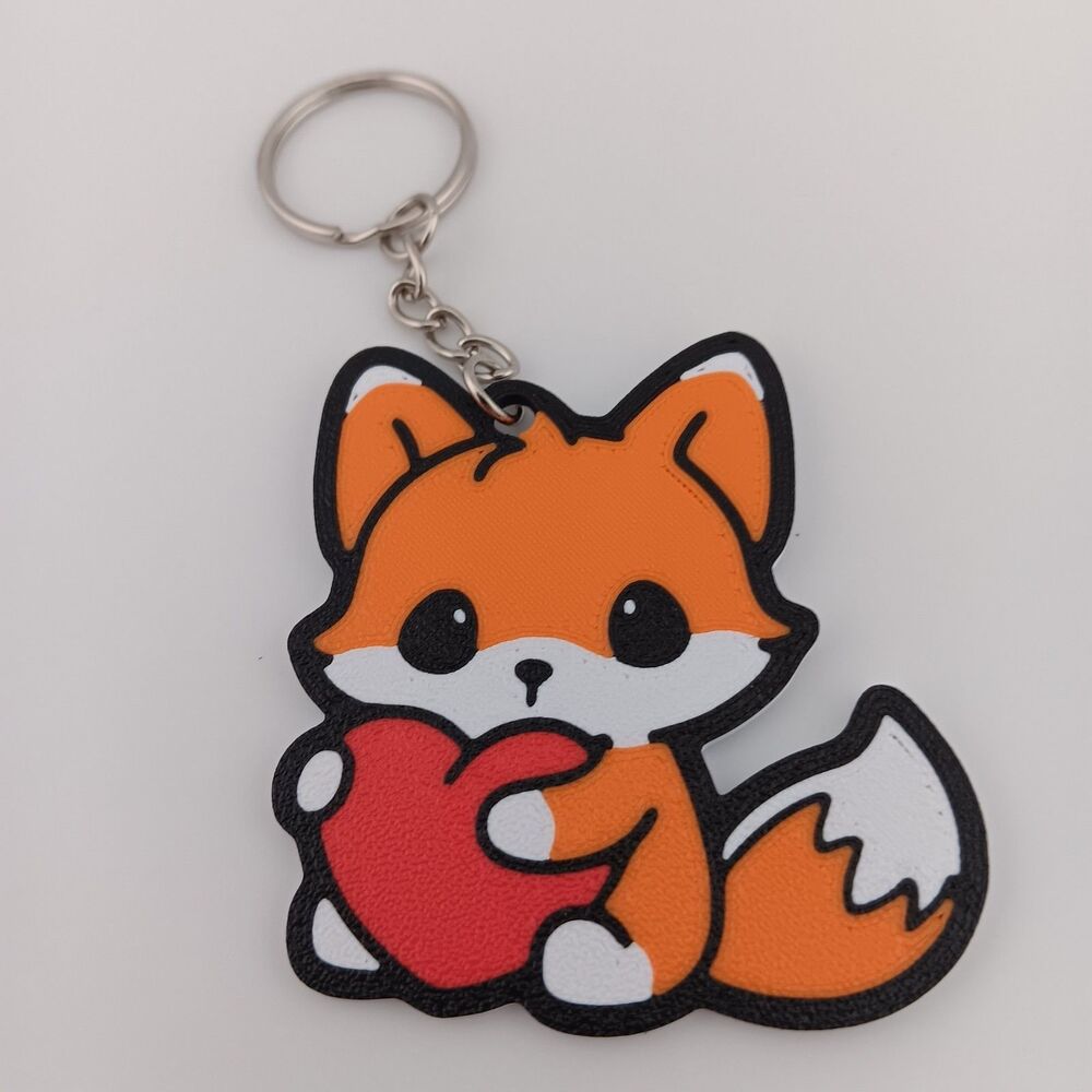 3D Printed Keychain - Cute Valentine’s Day Orange Fox w/ Heart - 2"